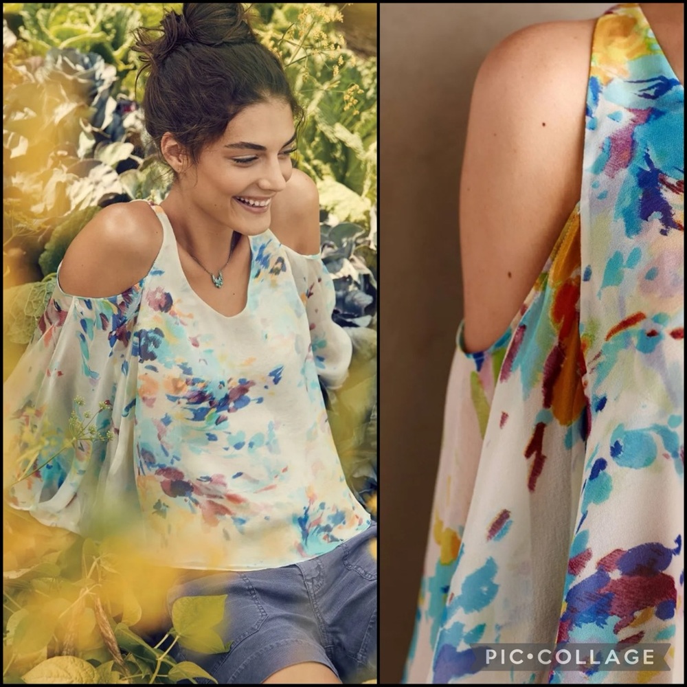 Anthro Maeve 100% Silk Watercolor Floral Cold Shoulder Tank Blouse Top - Picture 2 of 12